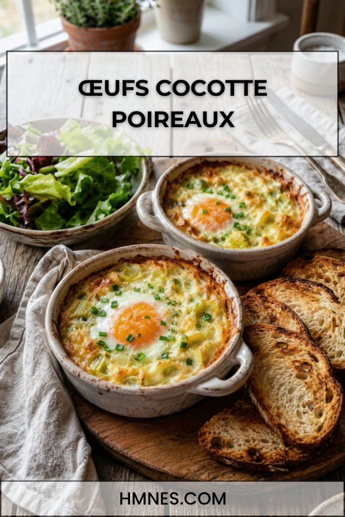 Œufs cocotte poireaux à la crème moutardée servis dans des ramequins rustiques avec emmental gratiné et pain grillé.