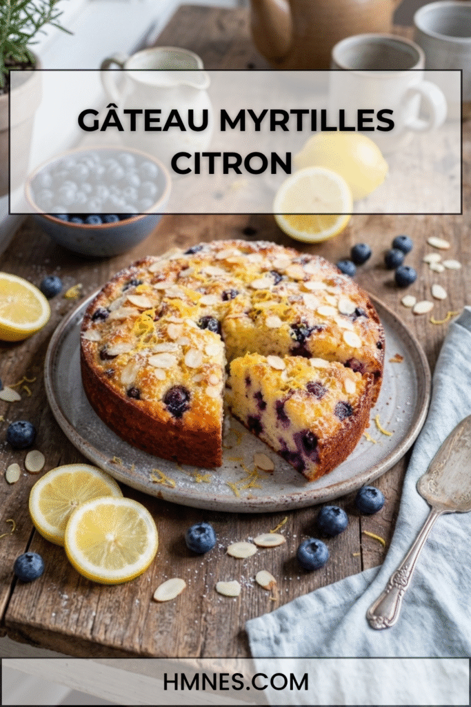 Gâteau myrtilles citron moelleux avec amandes effilées, tranches de citron et myrtilles fraîches sur une table rustique.