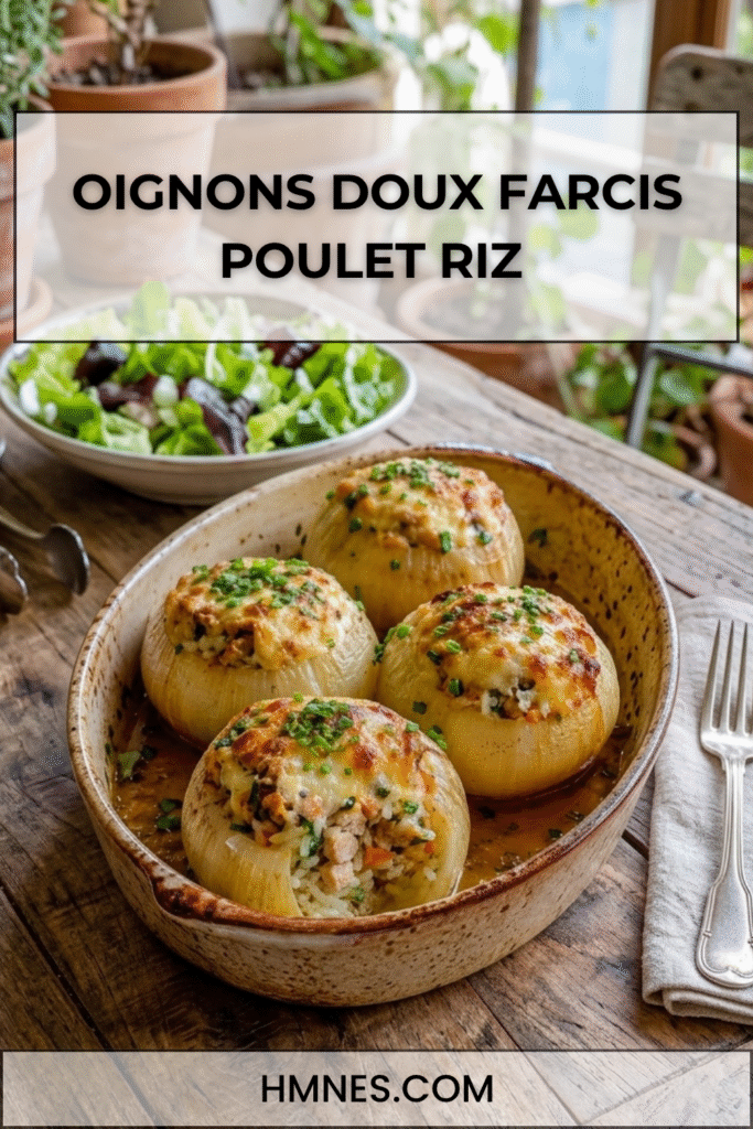 Oignons doux farcis au poulet, riz et herbes fraîches gratinés au four dans un plat rustique avec sauce légère.