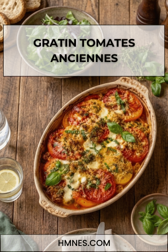 Gratin tomates anciennes, mozzarella et chapelure au basilic doré au four dans un plat rustique avec tomates colorées.