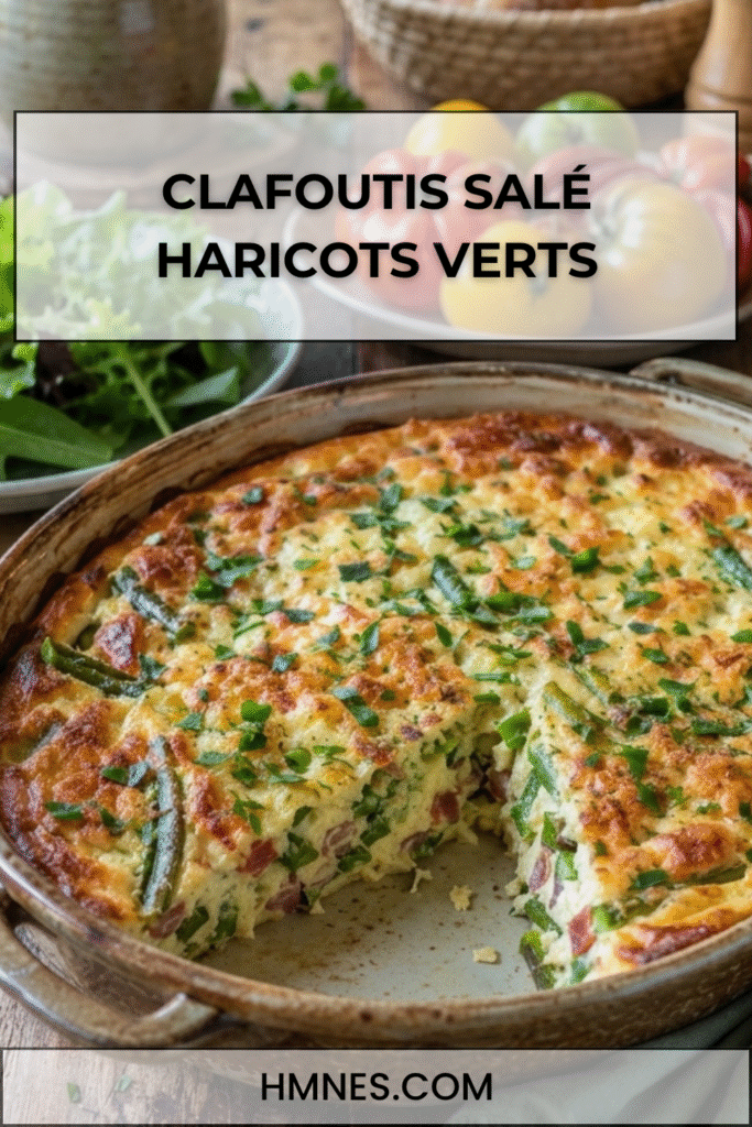 Clafoutis salé haricots verts, jambon cru et parmesan doré au four dans un plat rustique avec salade fraîche.