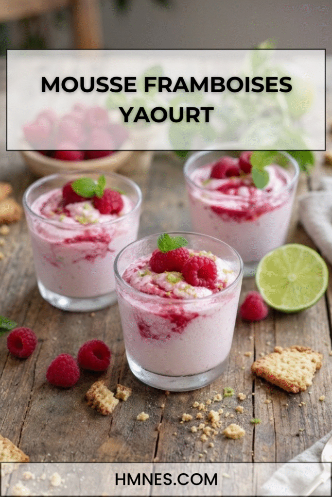 Mousse framboises yaourt grec servie en verrines avec citron vert, framboises fraîches et menthe sur une table rustique.