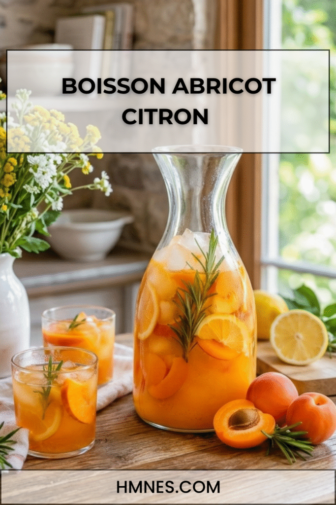 Boisson abricot citron au romarin servie dans une carafe avec glaçons, quartiers d’abricots, rondelles de citron et brins de romarin.