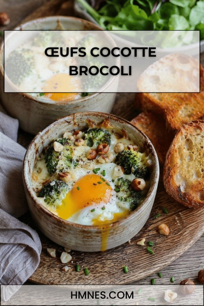 Œufs cocotte brocoli, fromage frais et noisettes servis dans des ramequins rustiques avec crème onctueuse et pain grillé.