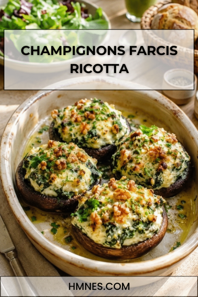 Champignons farcis ricotta, épinards et noix gratinés au four dans un plat rustique avec herbes fraîches et salade verte.