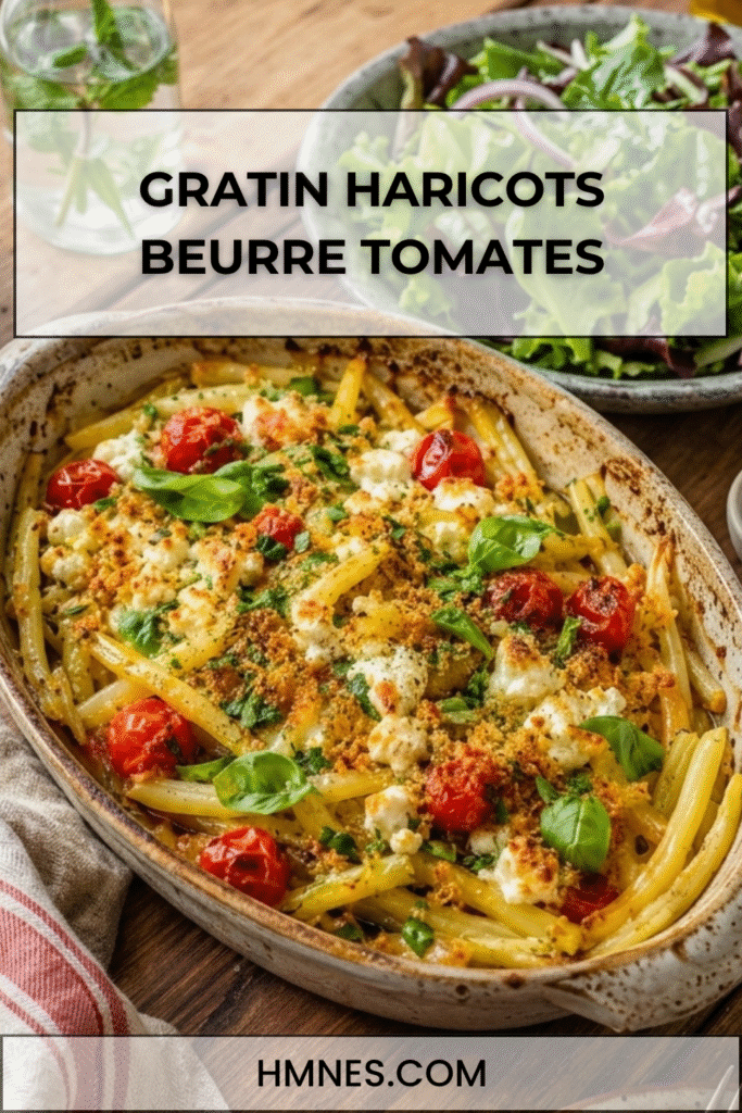 Gratin haricots beurre, tomates cerises et feta doré au four dans un plat rustique avec herbes fraîches et chapelure.