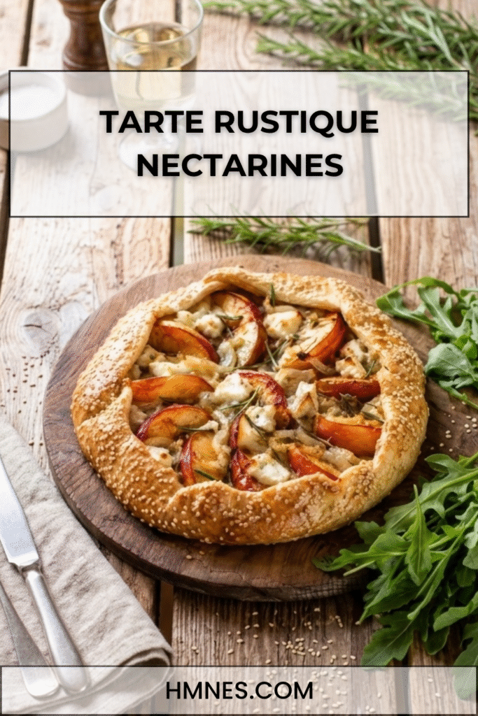 Tarte rustique nectarines salée au chèvre frais et romarin dorée au four sur une table rustique avec salade fraîche.