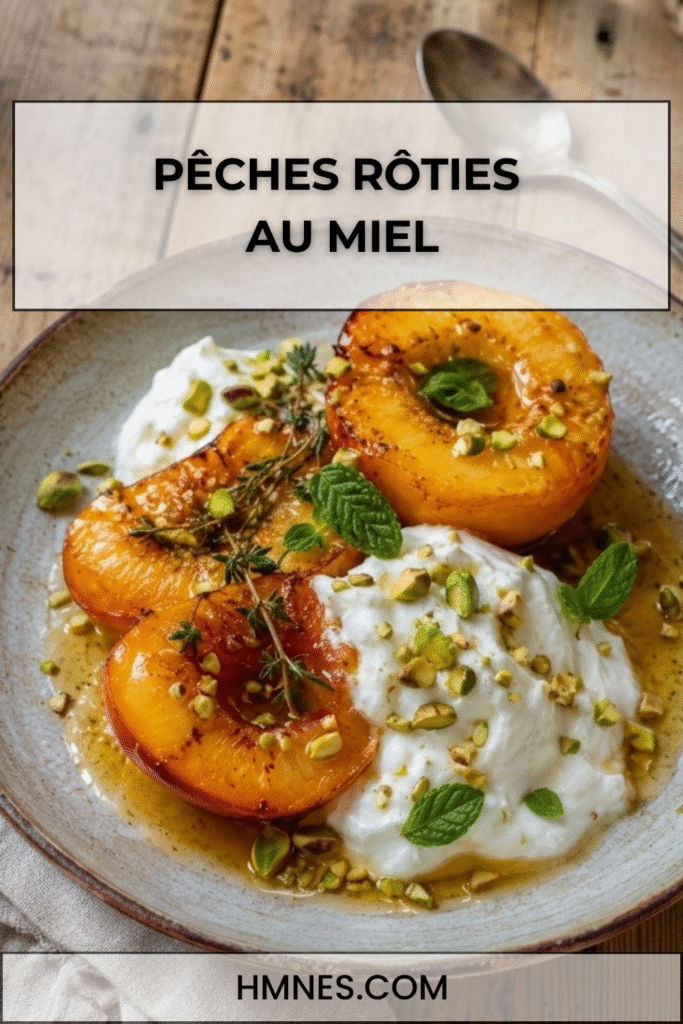 Pêches rôties au miel servies avec yaourt grec, pistaches concassées et thym frais sur une assiette rustique.