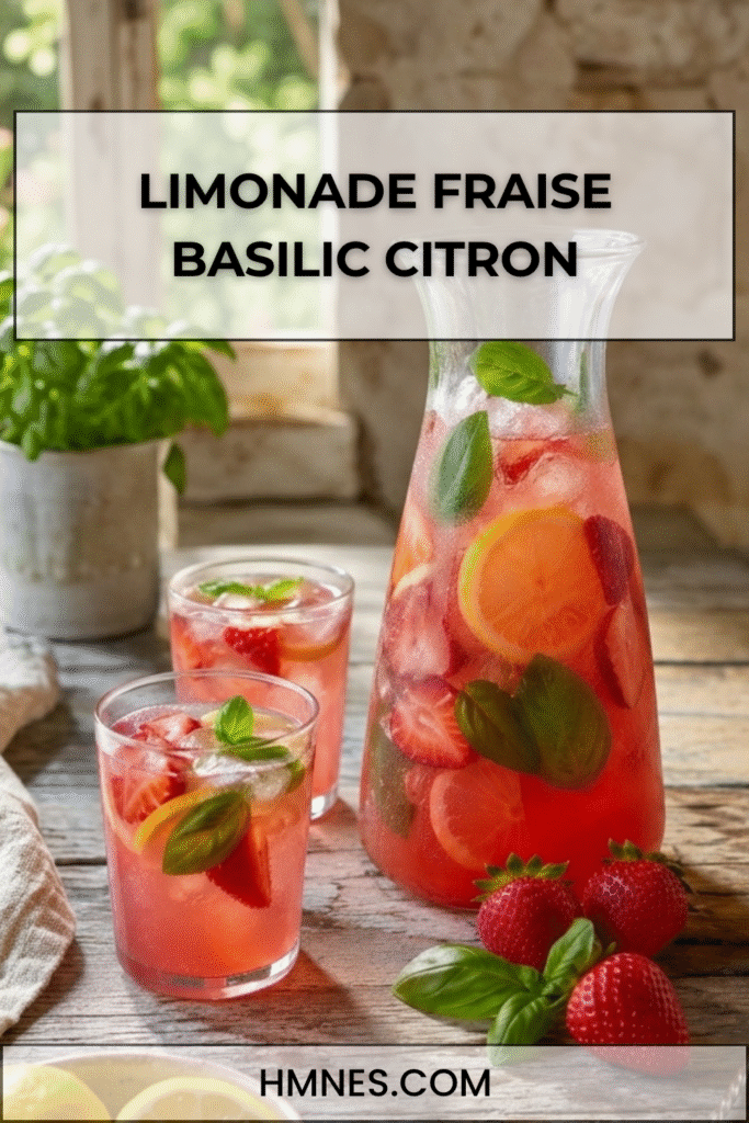 Limonade fraise basilic servie dans une carafe avec fraises fraîches, rondelles de citron, feuilles de basilic et glaçons.