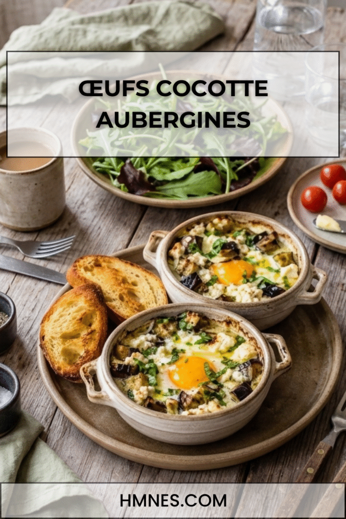Œufs cocotte aubergines rôties, feta et basilic servis dans des ramequins rustiques avec crème onctueuse et pain grillé.