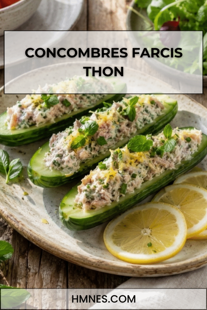 Concombres farcis thon, fromage frais et herbes fraîches servis froids sur une assiette rustique avec citron et salade.