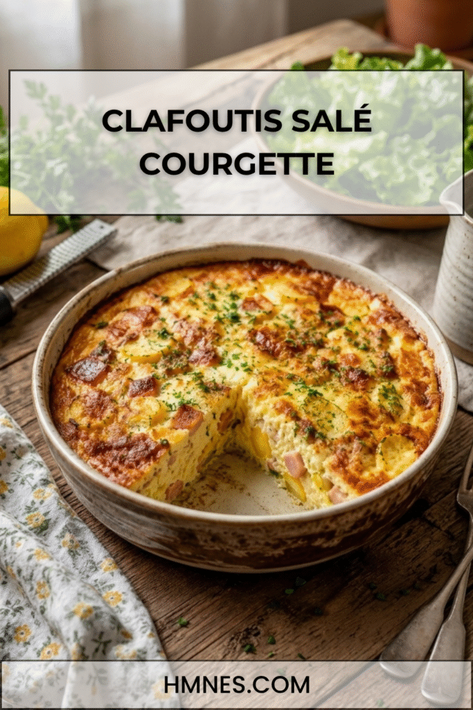 Clafoutis salé courgette jaune, jambon blanc et comté doré au four dans un plat rustique avec herbes fraîches.