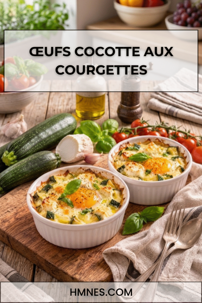 Œufs cocotte aux courgettes, chèvre frais et basilic gratinés au four dans des ramequins en céramique.