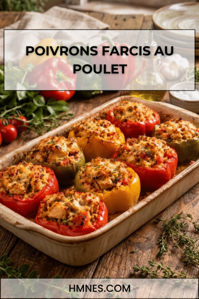 Poivrons farcis au poulet, riz et herbes de Provence gratinés au four dans un plat en céramique.