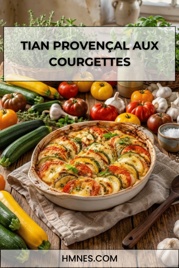 Tian provençal aux courgettes, tomates et mozzarella gratiné au four dans un plat en céramique.