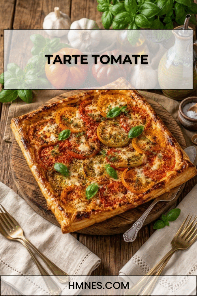 Tarte tomate à la moutarde ancienne et mozzarella fraîche, dorée au four sur une planche en bois.