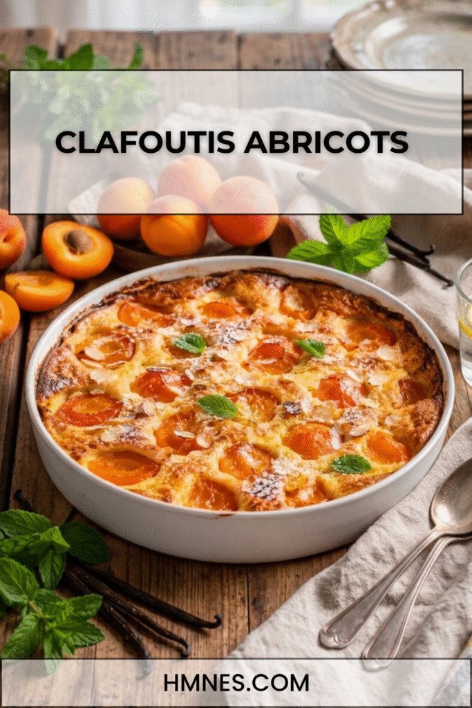 Clafoutis aux abricots moelleux et doré servi dans un plat en céramique avec des abricots frais.
