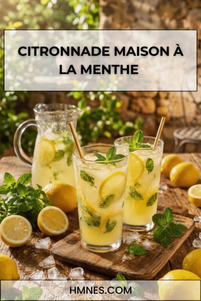 Deux verres de citronnade maison à la menthe avec glaçons, rondelles de citron et feuilles de menthe fraîche.