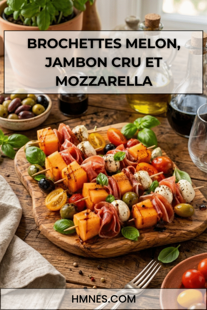 Brochettes melon, jambon cru et mozzarella servies sur une planche en bois avec basilic frais.