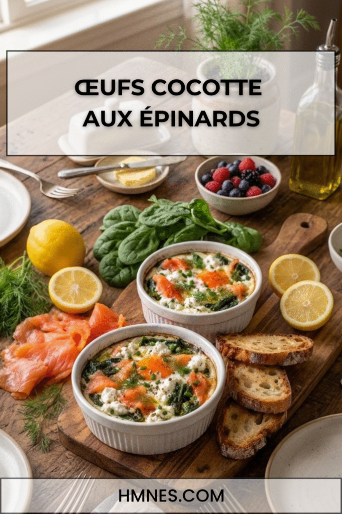 Œufs cocotte aux épinards, saumon fumé et ricotta cuits au four dans des ramequins.