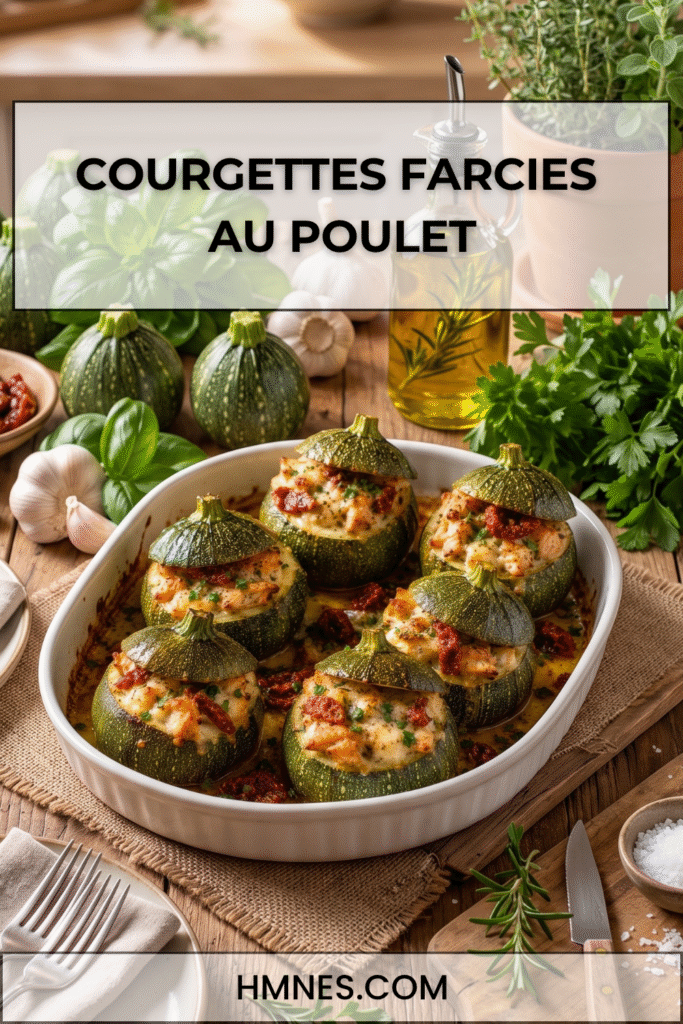 Courgettes farcies au poulet, mozzarella et tomates séchées gratinées au four dans un plat en céramique.
