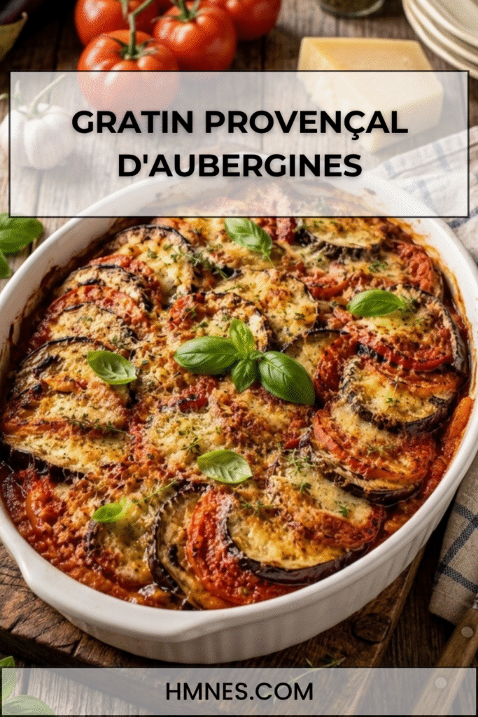 Gratin provençal aux aubergines, tomates et parmesan gratiné au four dans un plat en céramique.