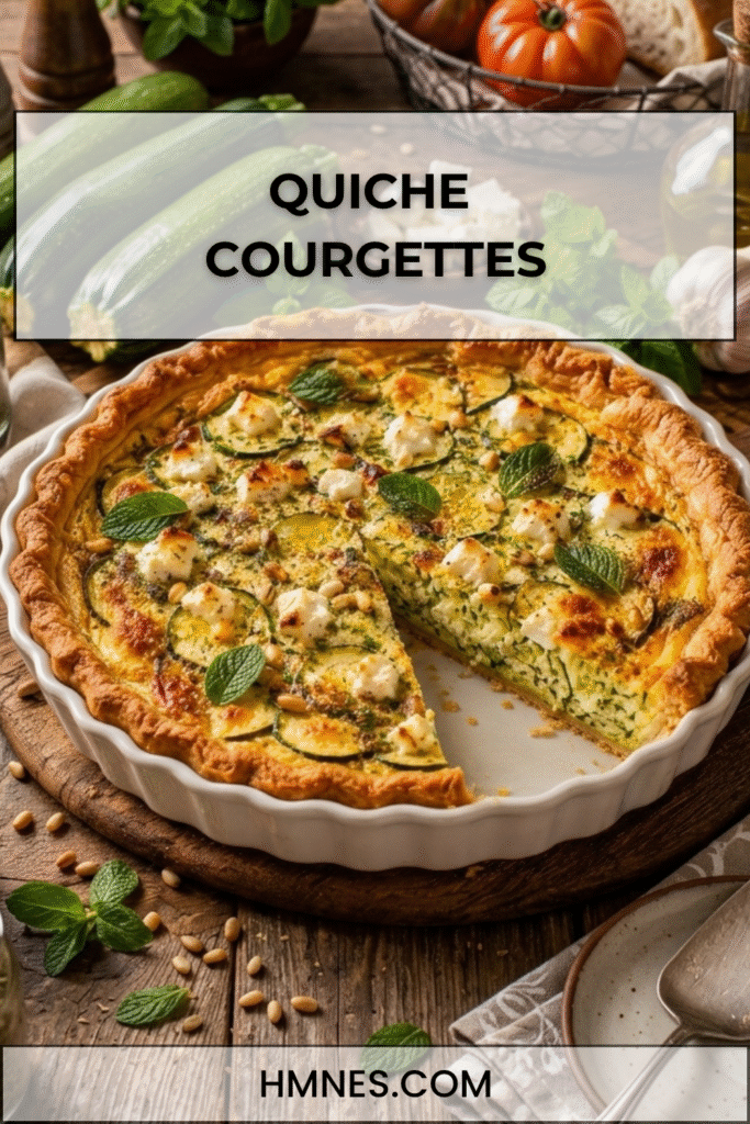 Quiche aux courgettes, feta et menthe dorée au four avec une pâte croustillante.