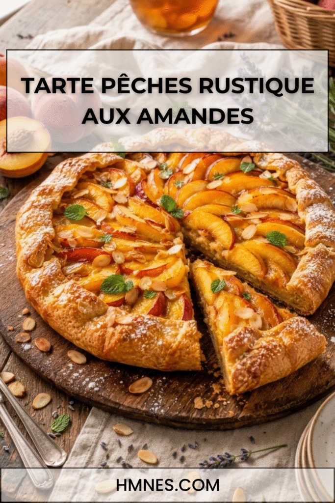 Tarte rustique aux pêches et amandes dorée au four avec une pâte croustillante.
