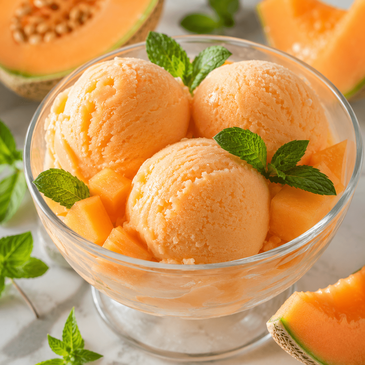 : glace melon sans sorbetière servie en boules très crémeuses