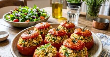 Tomates farcies au boulgour, feta et herbes fraîches servies dans un plat rustique avec une garniture dorée et parfumée.