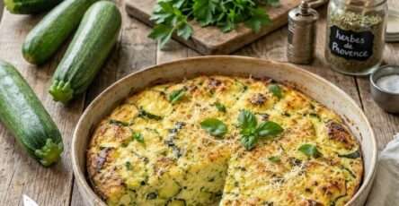 Flan courgette parmesan doré avec courgettes fondantes, parmesan râpé, herbes fraîches et texture moelleuse