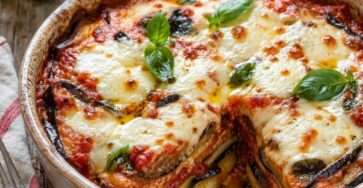 Gratin d’aubergines à la mozzarella avec sauce tomate, fromage fondu, basilic frais et surface dorée