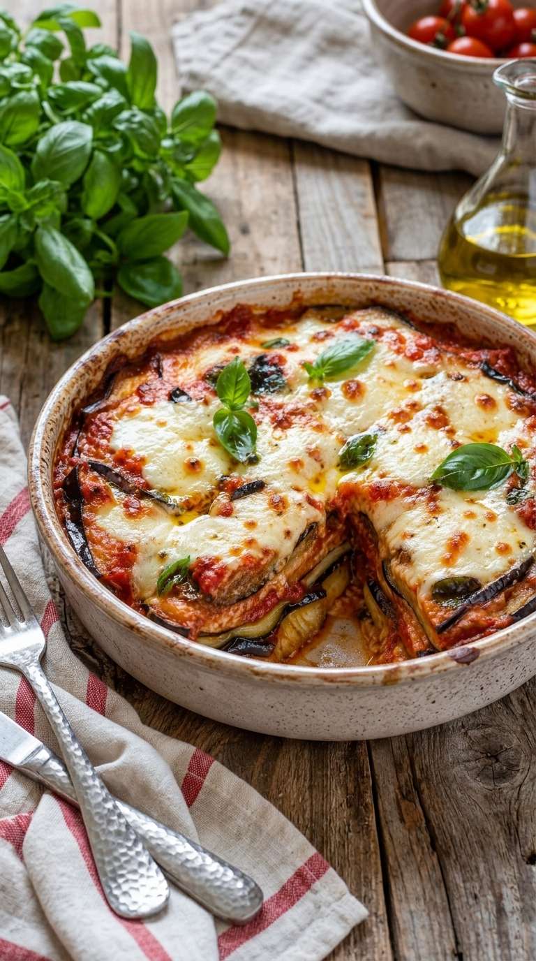 Gratin d’aubergines à la mozzarella avec sauce tomate, fromage fondu, basilic frais et surface dorée