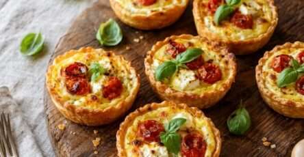 Mini quiches tomate chèvre dorées avec tomates cerises, fromage de chèvre fondant, basilic frais et pâte croustillante