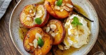 Pêches rôties au miel avec mascarpone crémeux, amandes effilées dorées et jus caramélisé