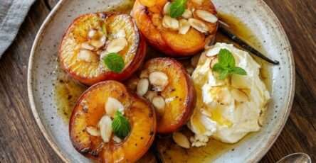 Pêches rôties au miel avec mascarpone crémeux, amandes effilées dorées et jus caramélisé