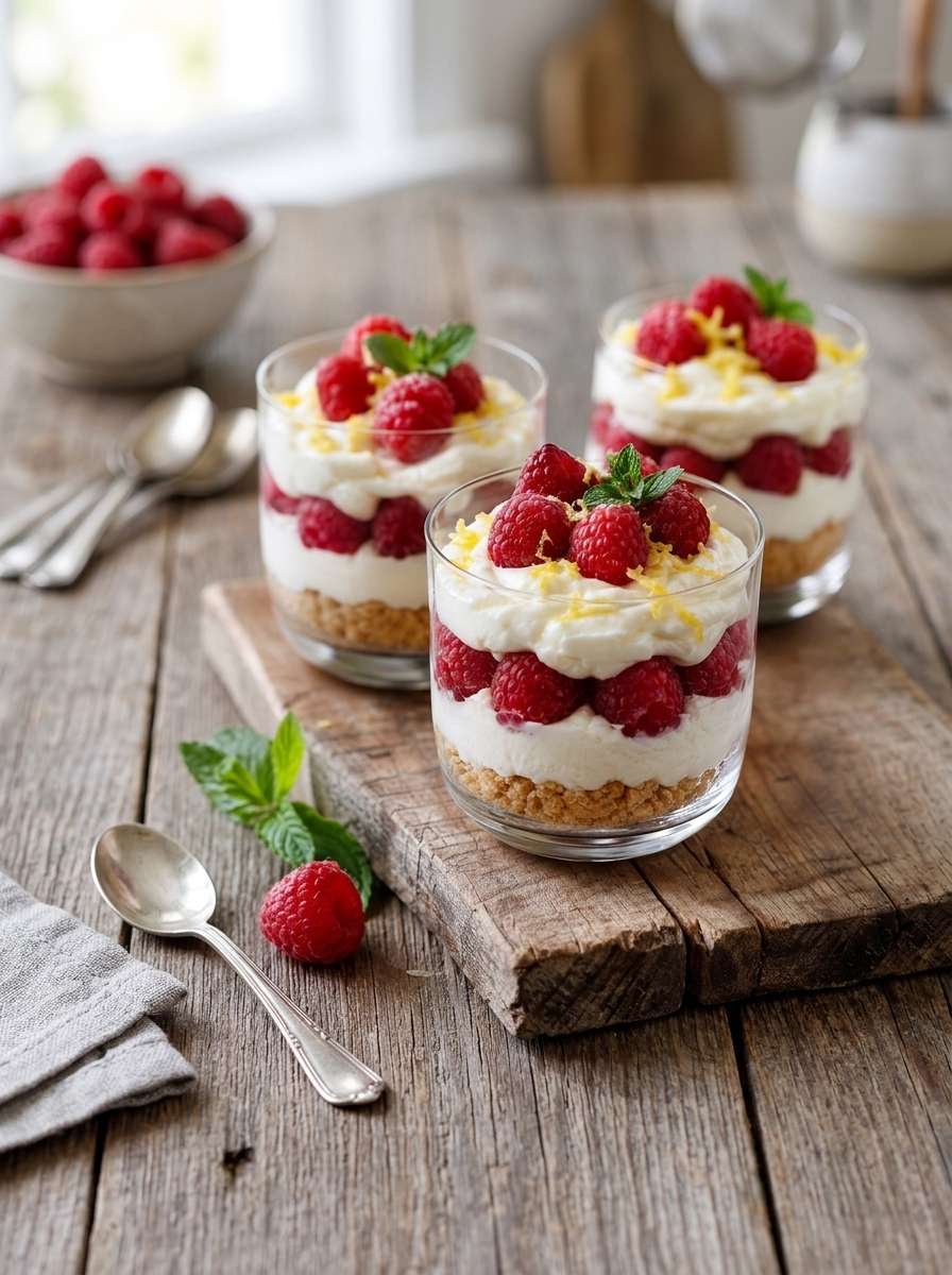 Verrines framboise citron mascarpone avec crème onctueuse, framboises fraîches, zeste de citron et base biscuitée