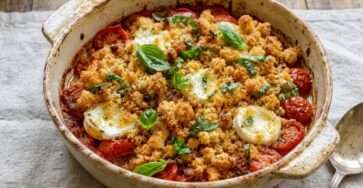 Crumble salé aux tomates, chèvre fondant, basilic frais et pâte croustillante dorée