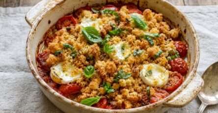Crumble salé aux tomates, chèvre fondant, basilic frais et pâte croustillante dorée