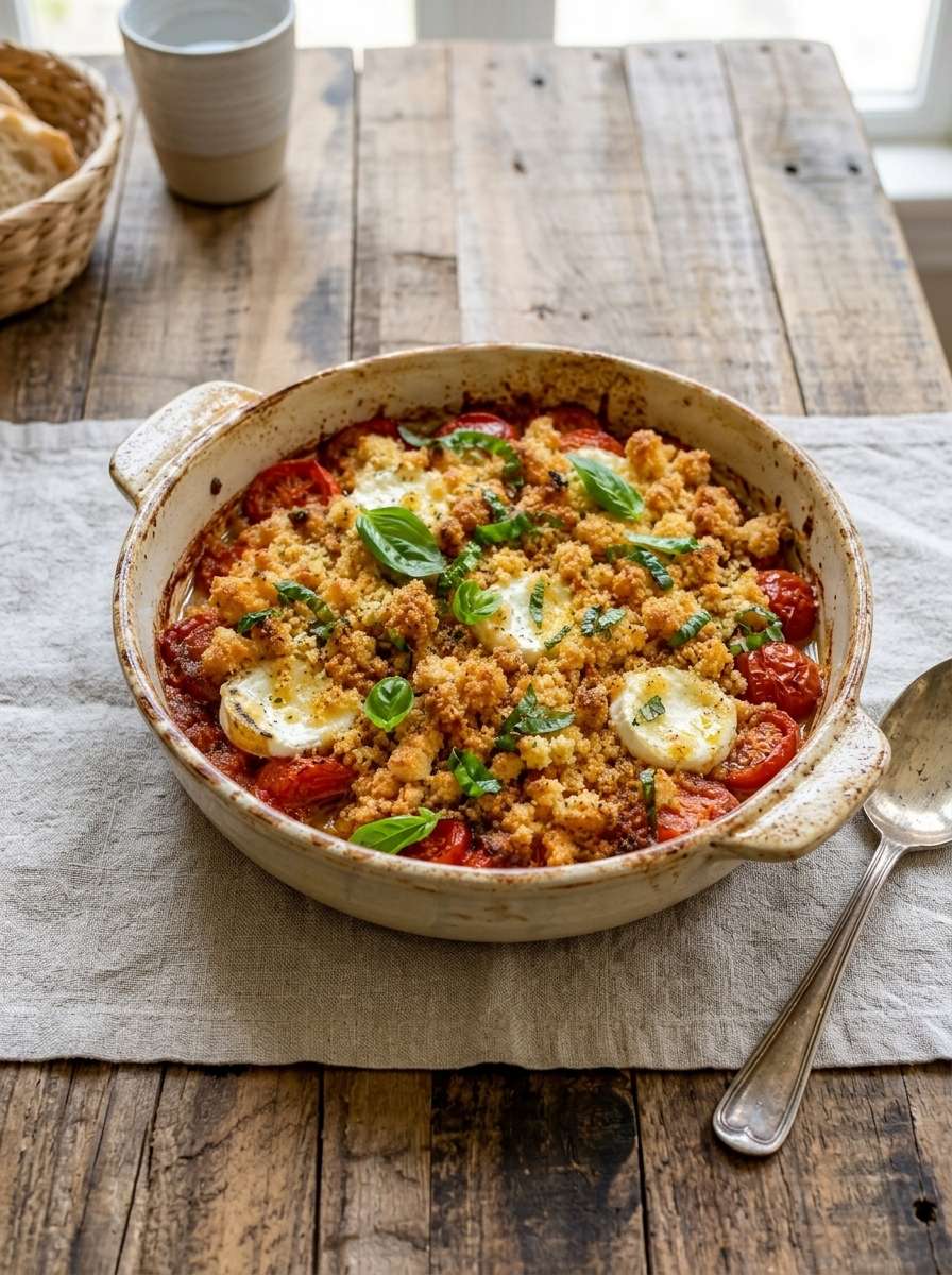Crumble salé aux tomates, chèvre fondant, basilic frais et pâte croustillante dorée