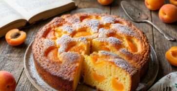 Gâteau yaourt aux abricots moelleux avec morceaux d’abricots fondants, surface dorée et sucre glac