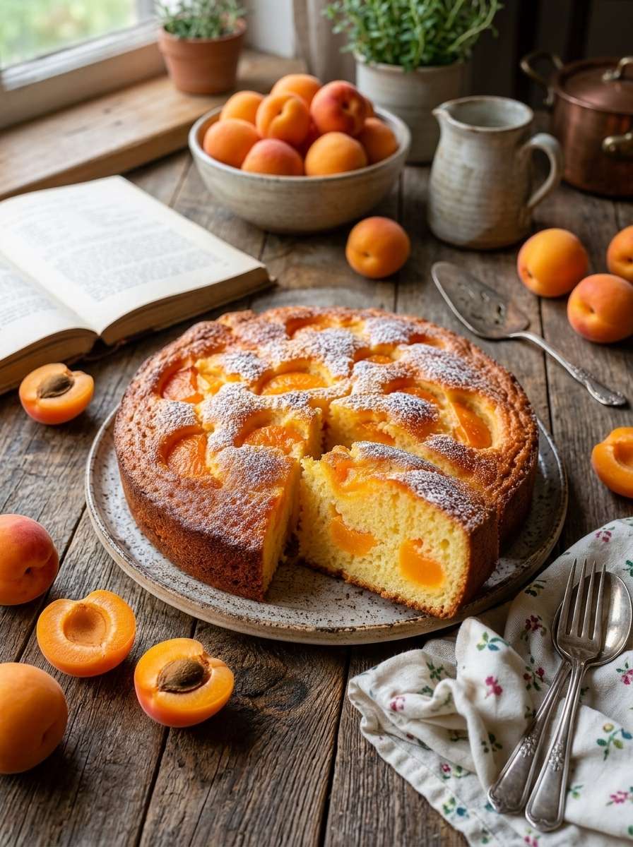 Gâteau yaourt aux abricots moelleux avec morceaux d’abricots fondants, surface dorée et sucre glac