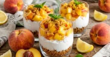 Verrines aux pêches, fromage blanc crémeux et spéculoos émiettés avec morceaux de fruits frais