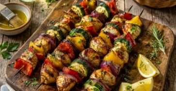 Brochettes de poulet avec courgette et poivron grillés, herbes fraîches et marinade citronnée