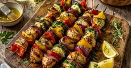 Brochettes de poulet avec courgette et poivron grillés, herbes fraîches et marinade citronnée
