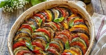 Ratatouille au four façon gratin avec courgettes, aubergines, tomates, poivrons, herbes de Provence et surface dorée