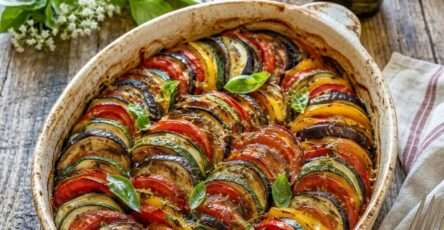 Ratatouille au four façon gratin avec courgettes, aubergines, tomates, poivrons, herbes de Provence et surface dorée