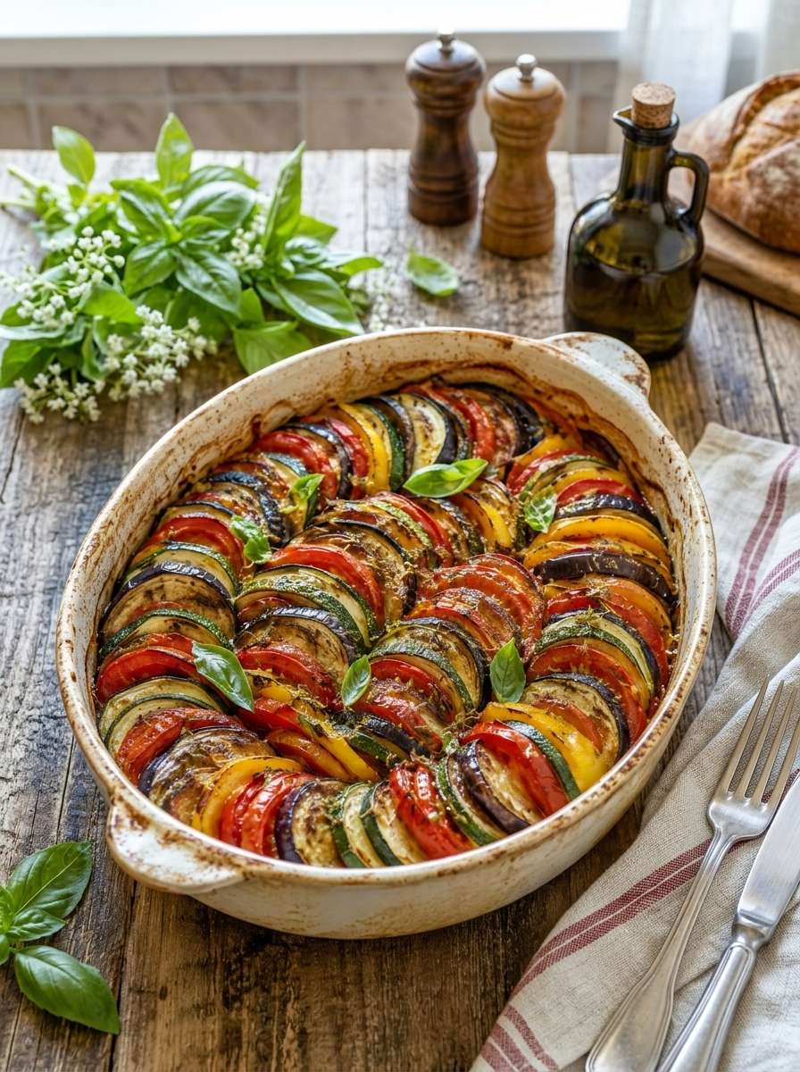 Ratatouille au four façon gratin avec courgettes, aubergines, tomates, poivrons, herbes de Provence et surface dorée