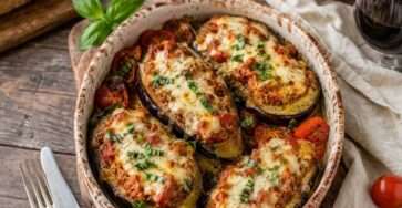 Aubergines farcies au thon, tomates et mozzarella gratinées servies dans un plat rustique avec basilic frais.