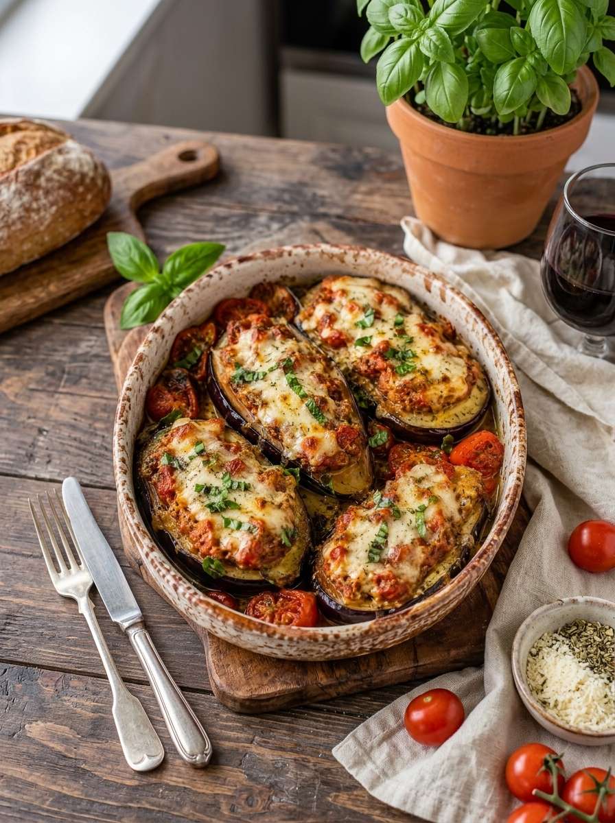 Aubergines farcies au thon, tomates et mozzarella gratinées servies dans un plat rustique avec basilic frais.